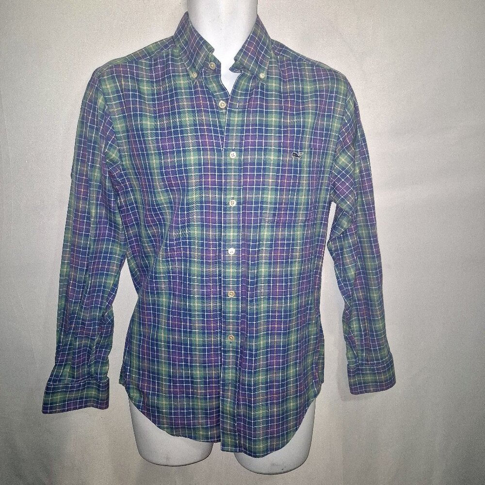 Vineyard Vines 100% Cotton plaid shirt, green-purple-white in size small